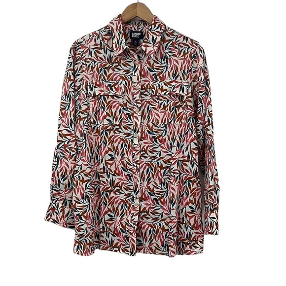 Lands End Button Front Shirt Womens Medium Leaf Print Tropical Linen Long Sleeve - Picture 1 of 12